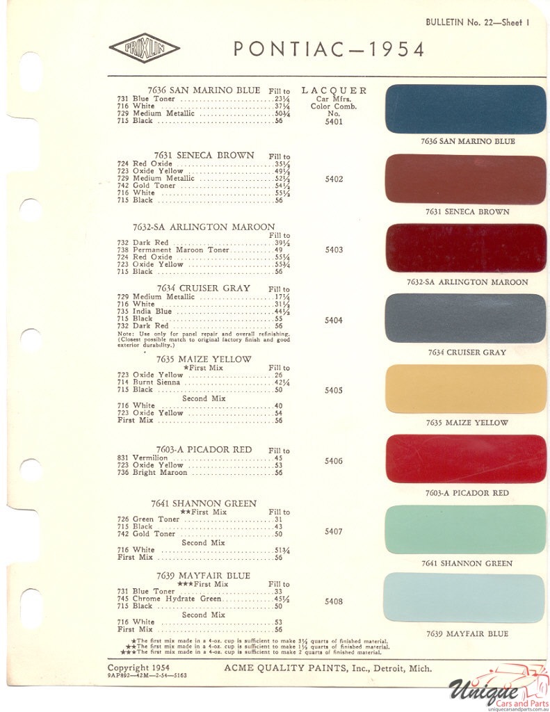 1954 Pontiac Paint Charts Acme 1